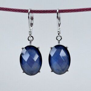Napier Oval Faceted Blue Gem Leverback Drop Earrings Silver-Tone Setting 1.5"